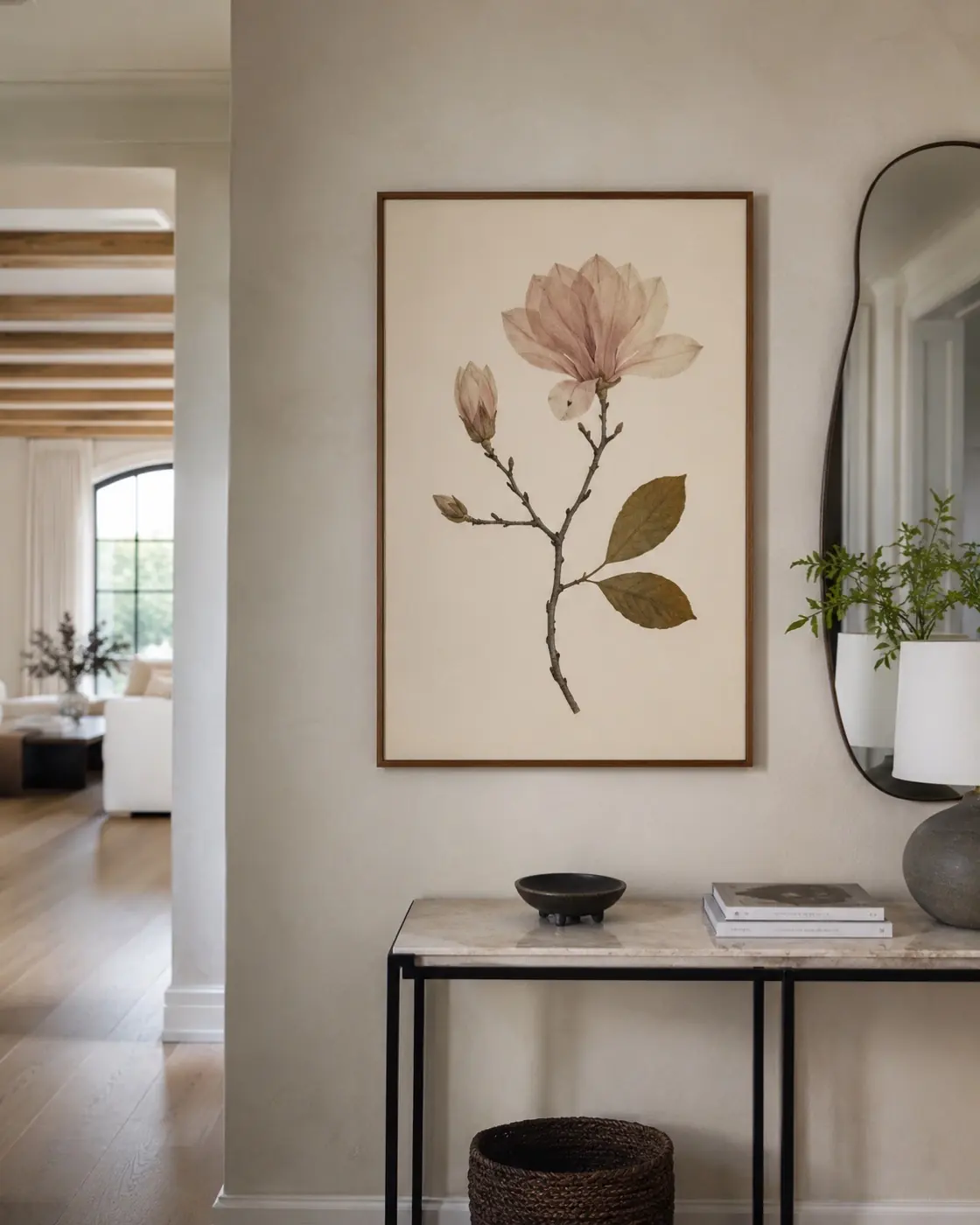 Botanical study of a magnolia branch in bloom on pale paper