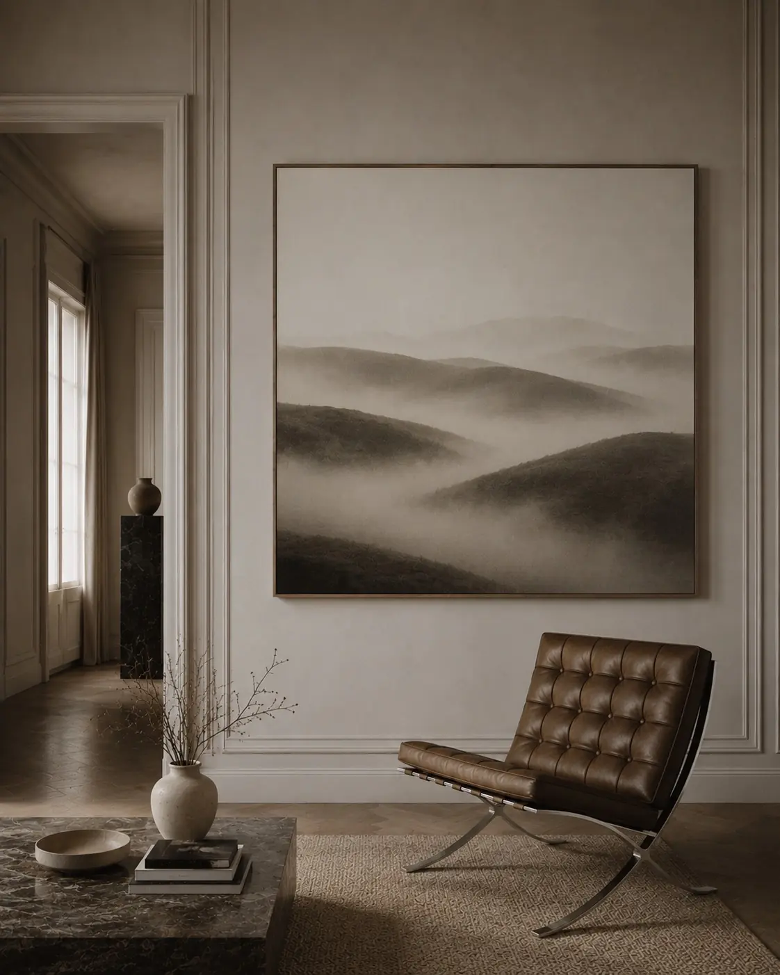 Misty tonal hills in soft sepia, square, in a panelled room