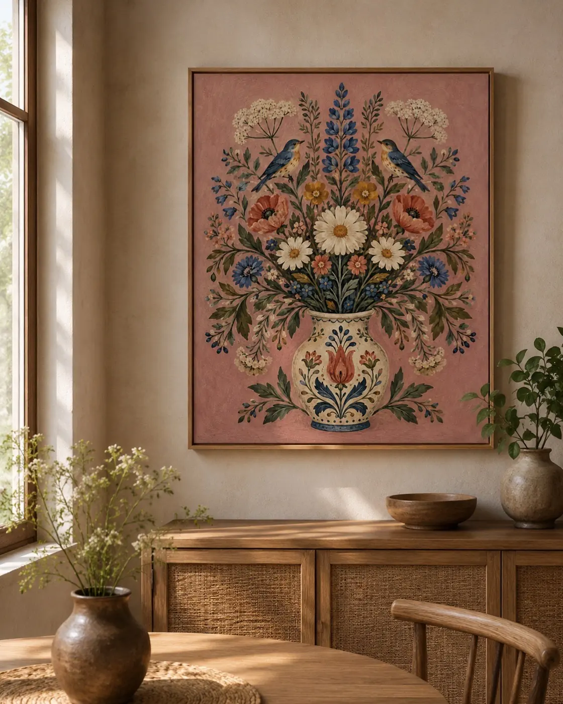 Folk illustration of a full flower bouquet with small birds