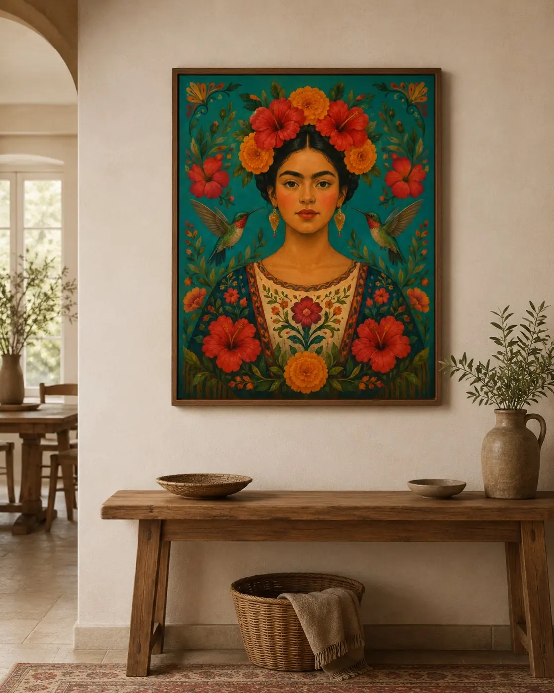Folk portrait of a woman wearing a crown of flowers, hummingbirds around her