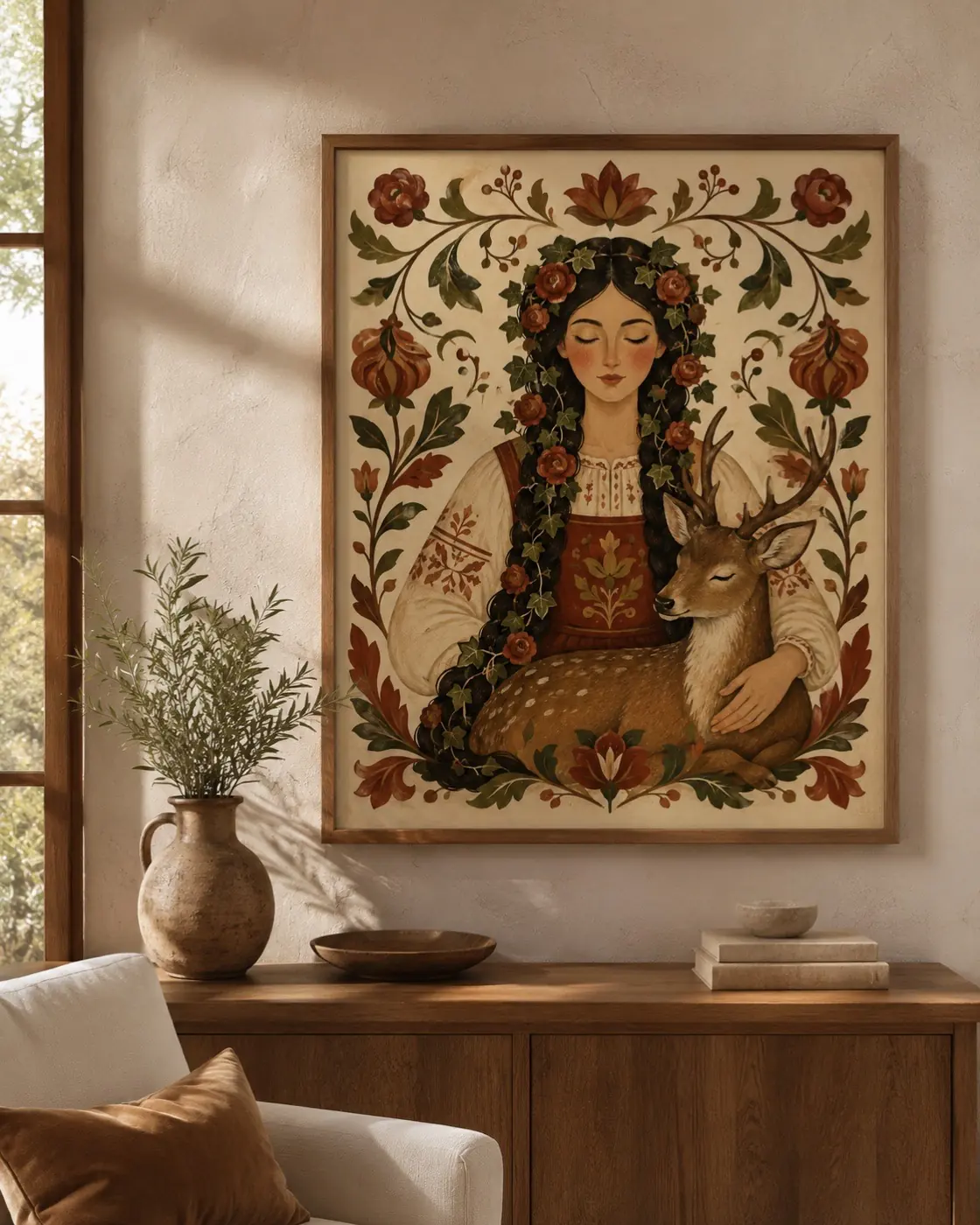 Folk portrait of a woman beside a deer at dusk