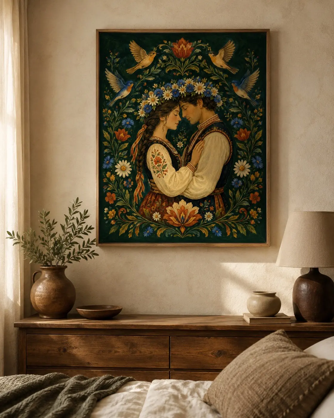 Folk portrait of a couple in a close embrace among flowers