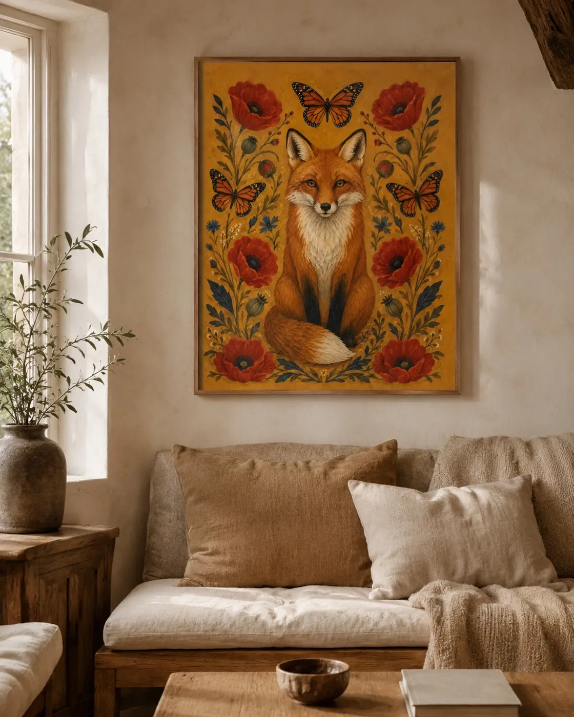 Folk illustration of a fox among red poppies
