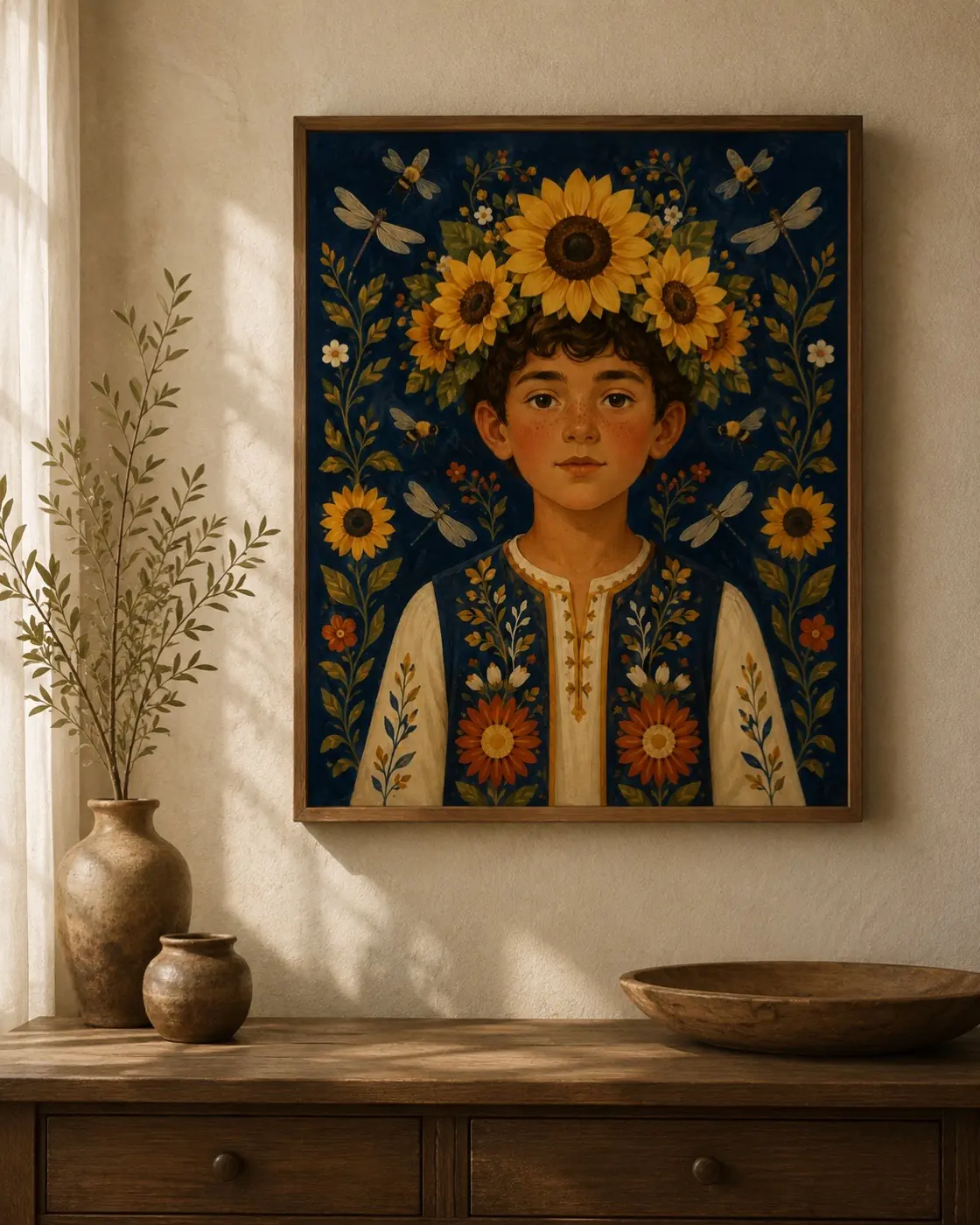 Folk portrait of a boy wearing a crown of sunflowers