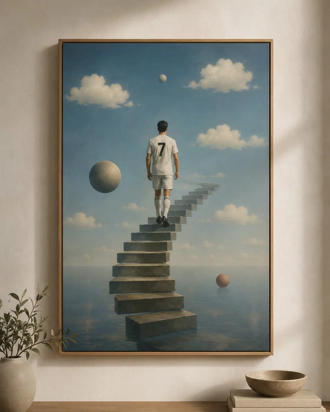 A footballer in a number seven shirt climbing a floating stone staircase over a still sea
