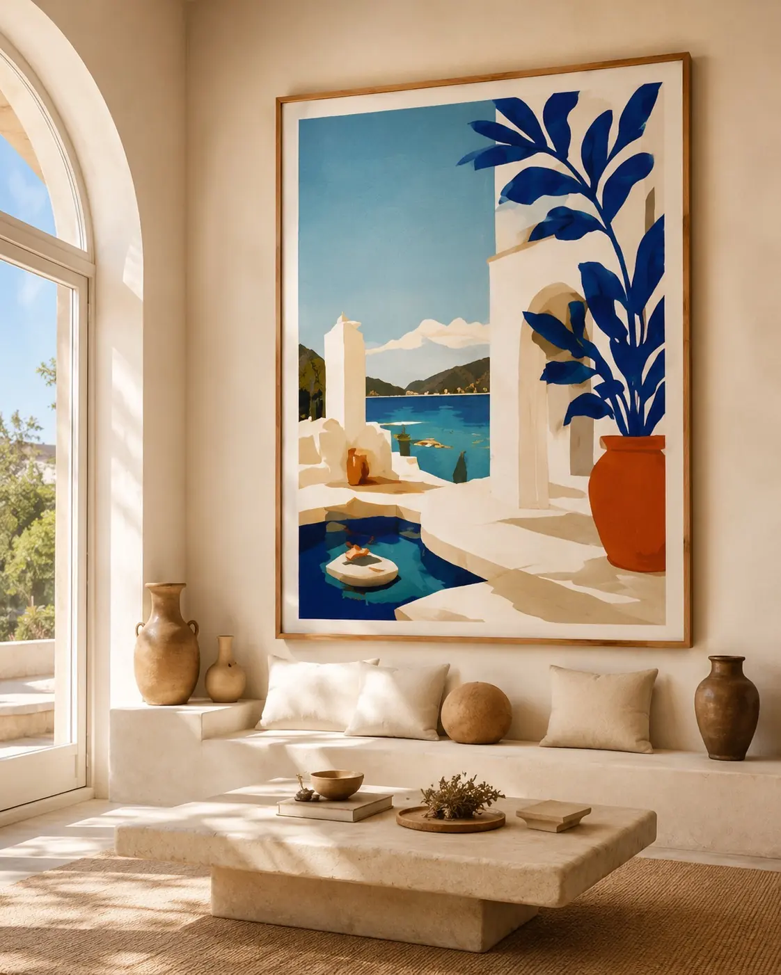 Mediterranean terrace illustration with cobalt leaves and a still blue pool, framed in oak