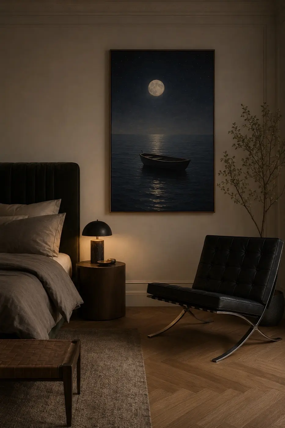Surreal scene of a small boat under a large moon on still water