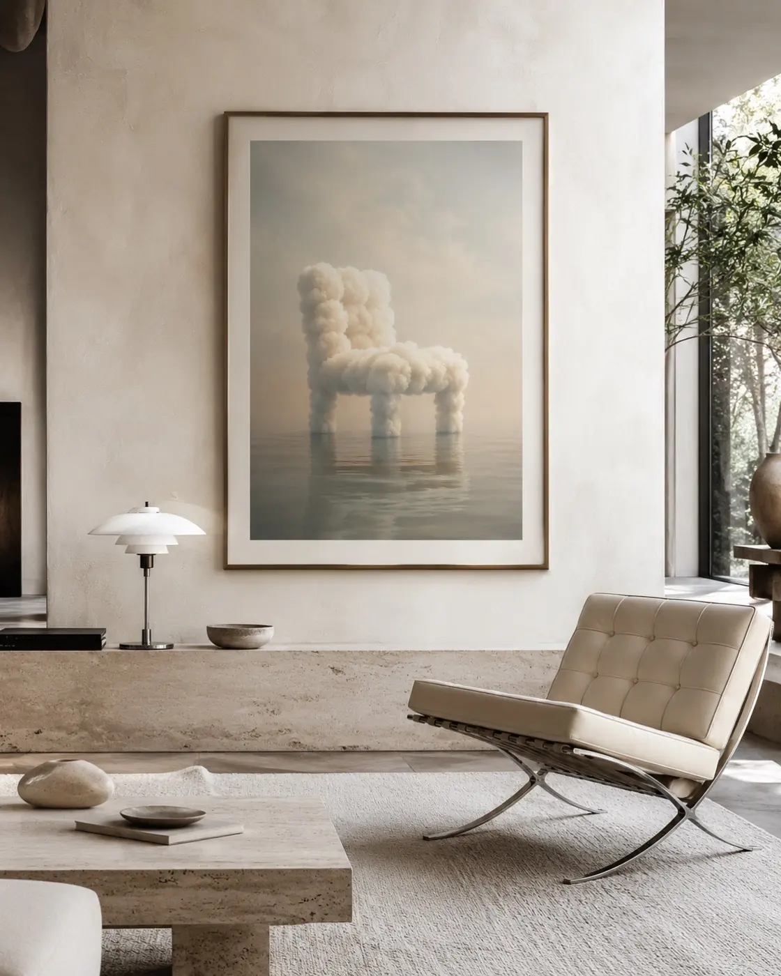 Surreal armchair resting on a cloud in a pale sky