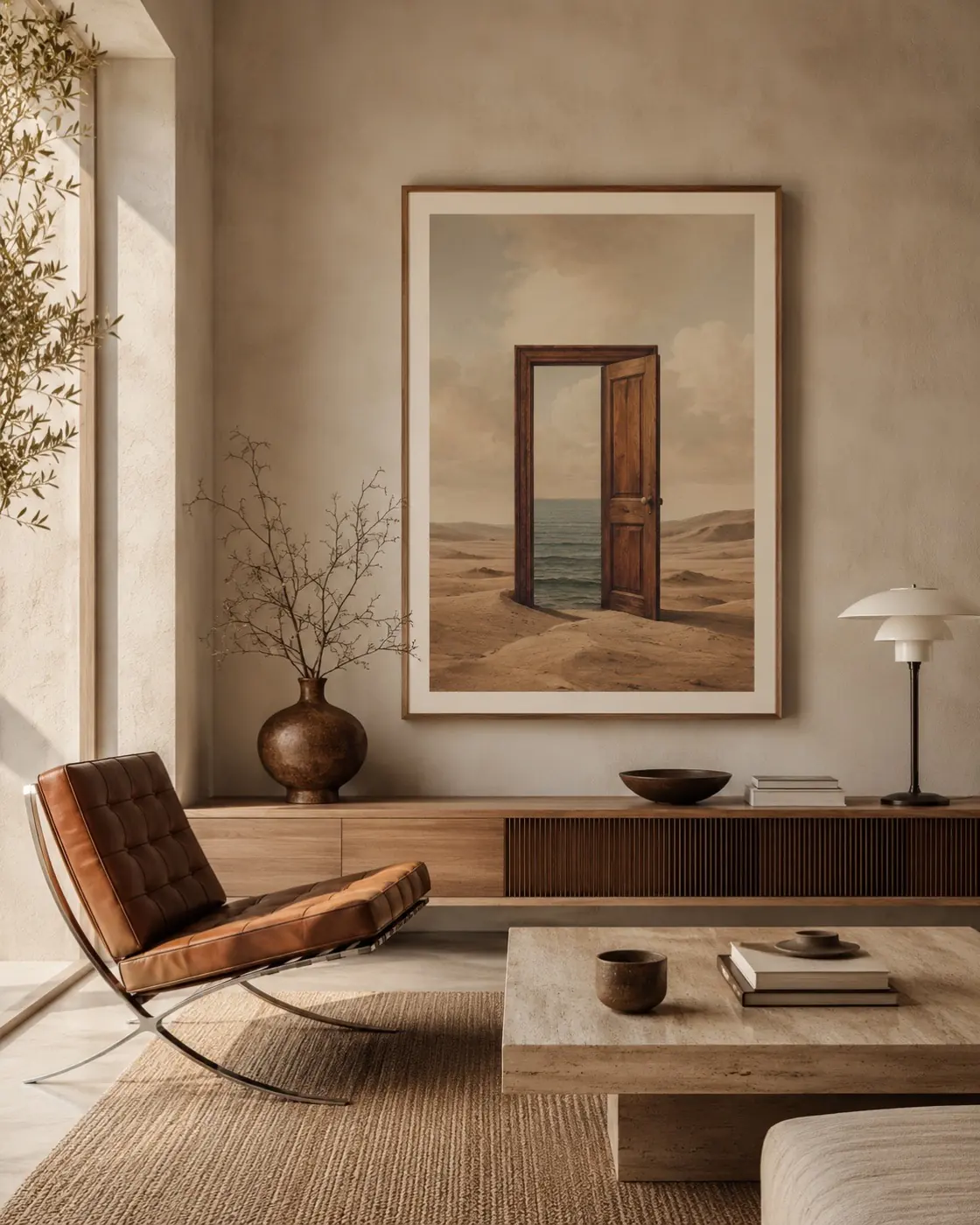 Surreal open door standing in a desert, revealing the sea beyond