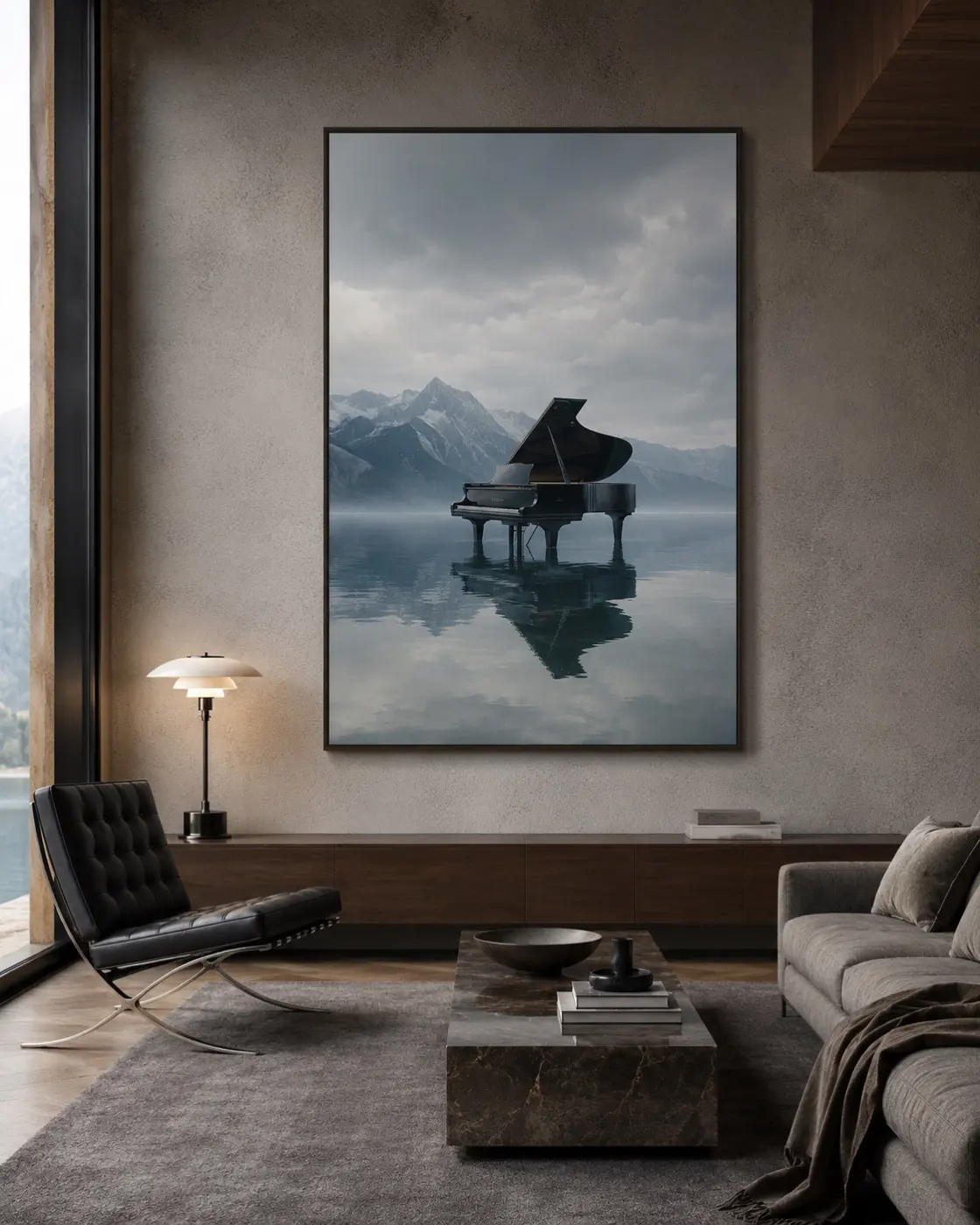 Surreal grand piano standing on a calm lake at twilight