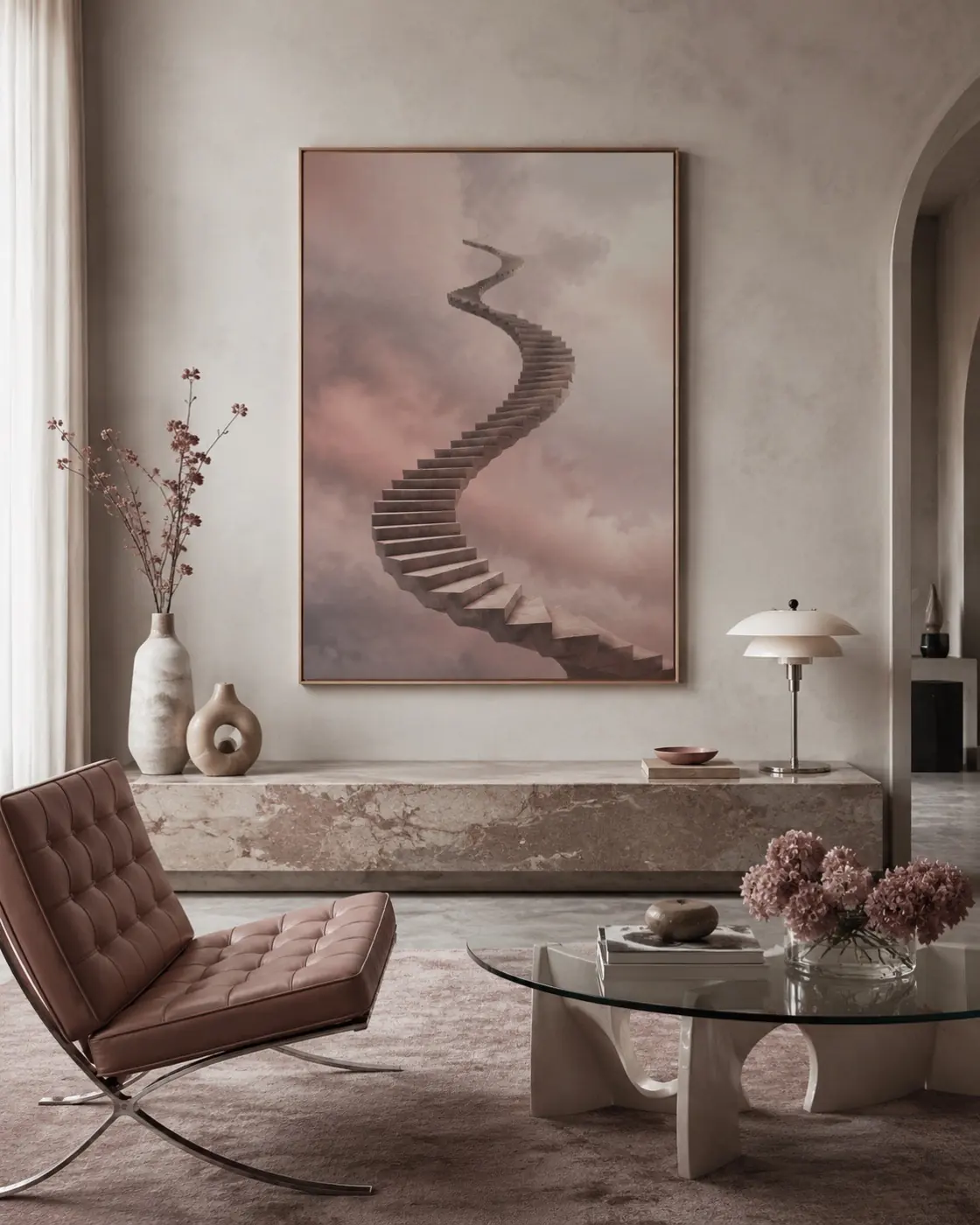 Surreal spiral staircase rising through clouds