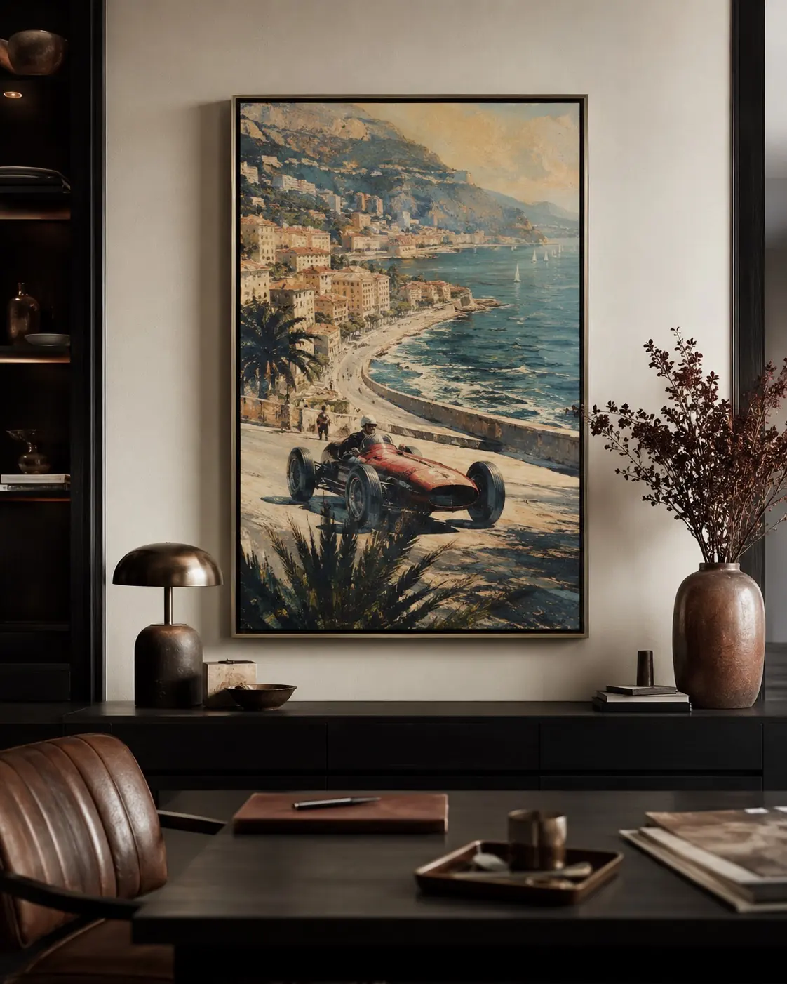 Vintage grand prix painting, a red racing car on a coastal road