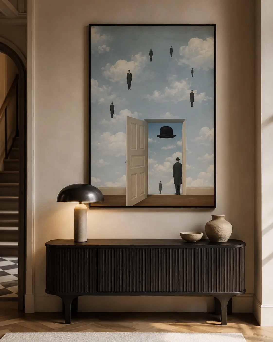 Surrealist edition with raining bowler-hatted figures, in a hallway