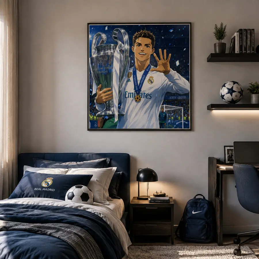 An anime portrait of a footballer with the cup, framed in a bedroom