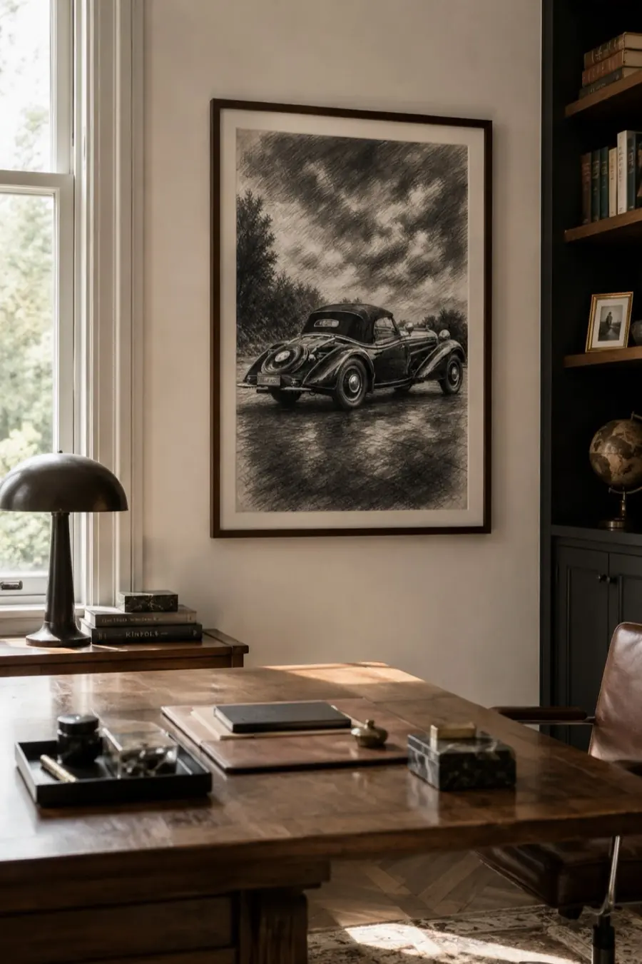Pencil sketch of a classic car under a dramatic sky