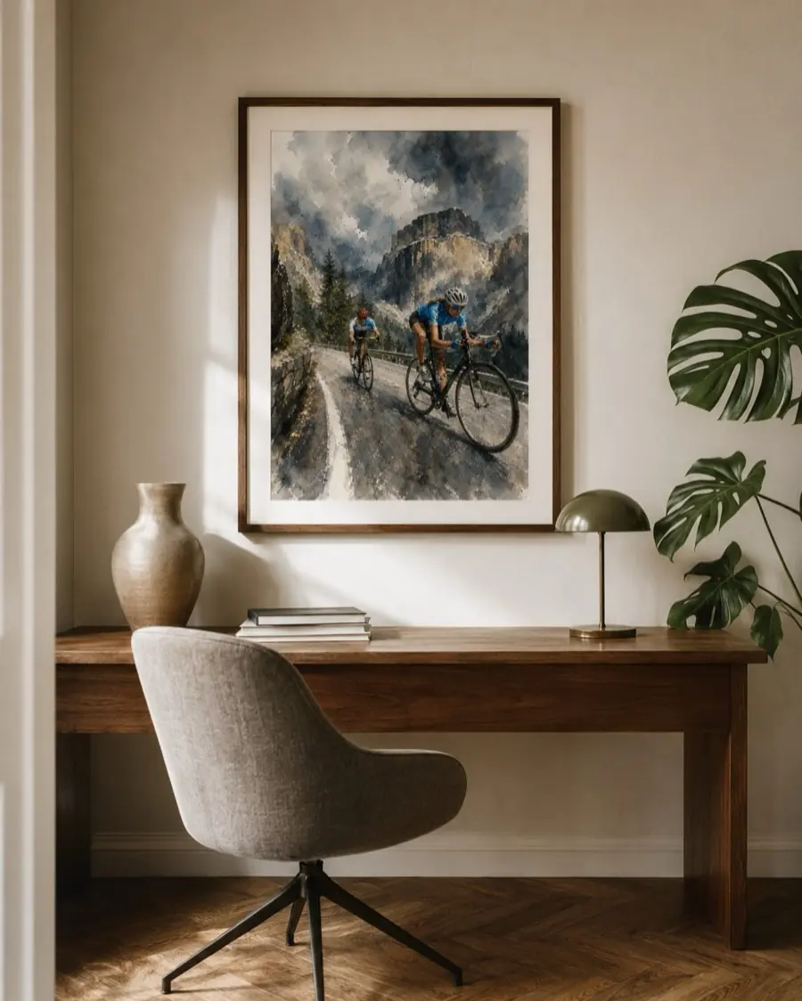 Watercolour of two cyclists climbing a mountain road