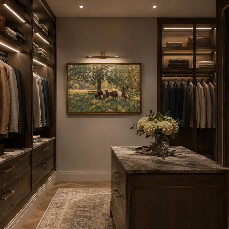 An impressionist painting of cows under a tree, framed in a walk-in wardrobe