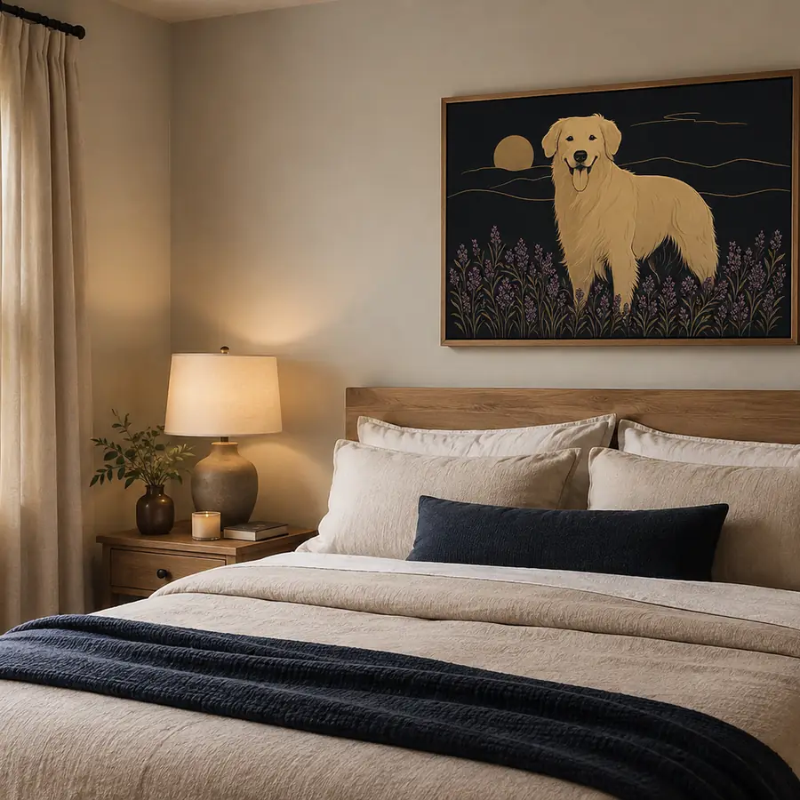 A minimalist portrait of a golden retriever, framed above a bed