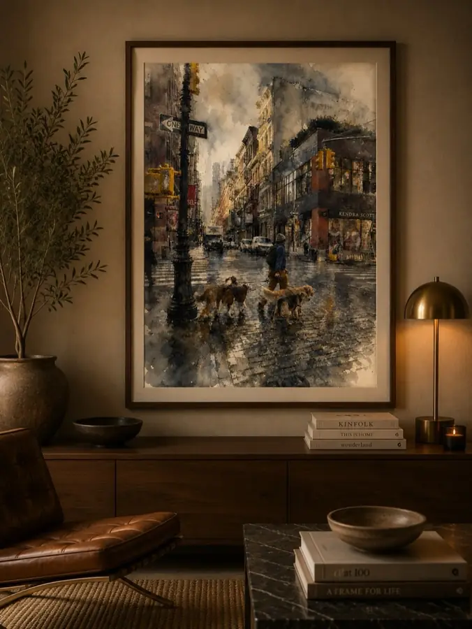 Watercolour of a man walking his dogs through the city, framed above a walnut sideboard