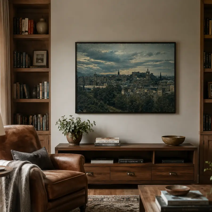 A vintage cityscape of Edinburgh, framed above a sideboard in a reading room