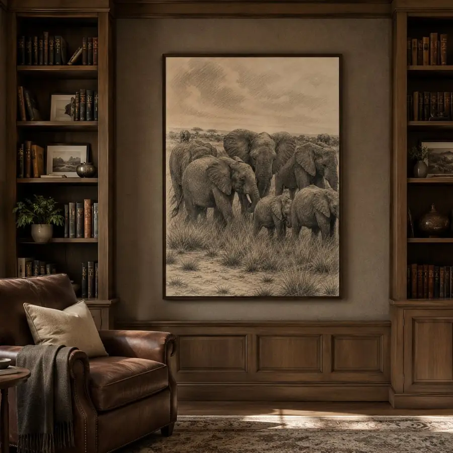 A pencil sketch of a herd of elephants, framed in a wood-panelled library
