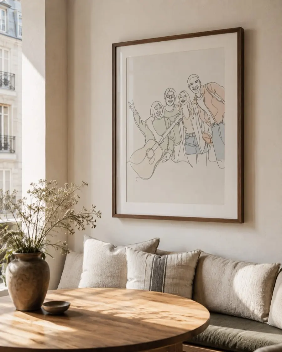 Line drawing of four laughing friends with a guitar