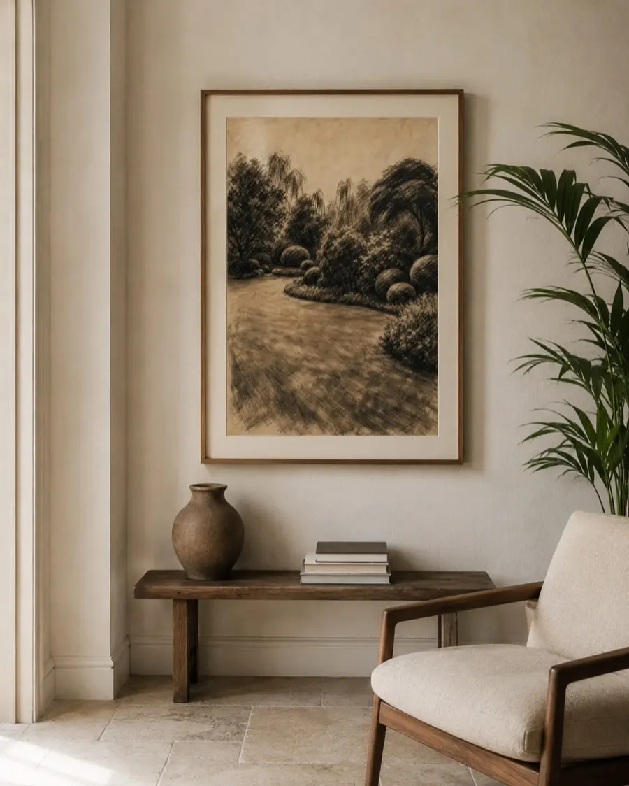 Charcoal drawing of a lush garden path