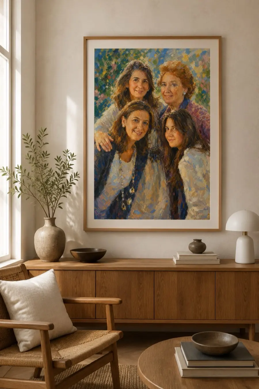 An impressionist portrait of four generations, framed above an oak sideboard