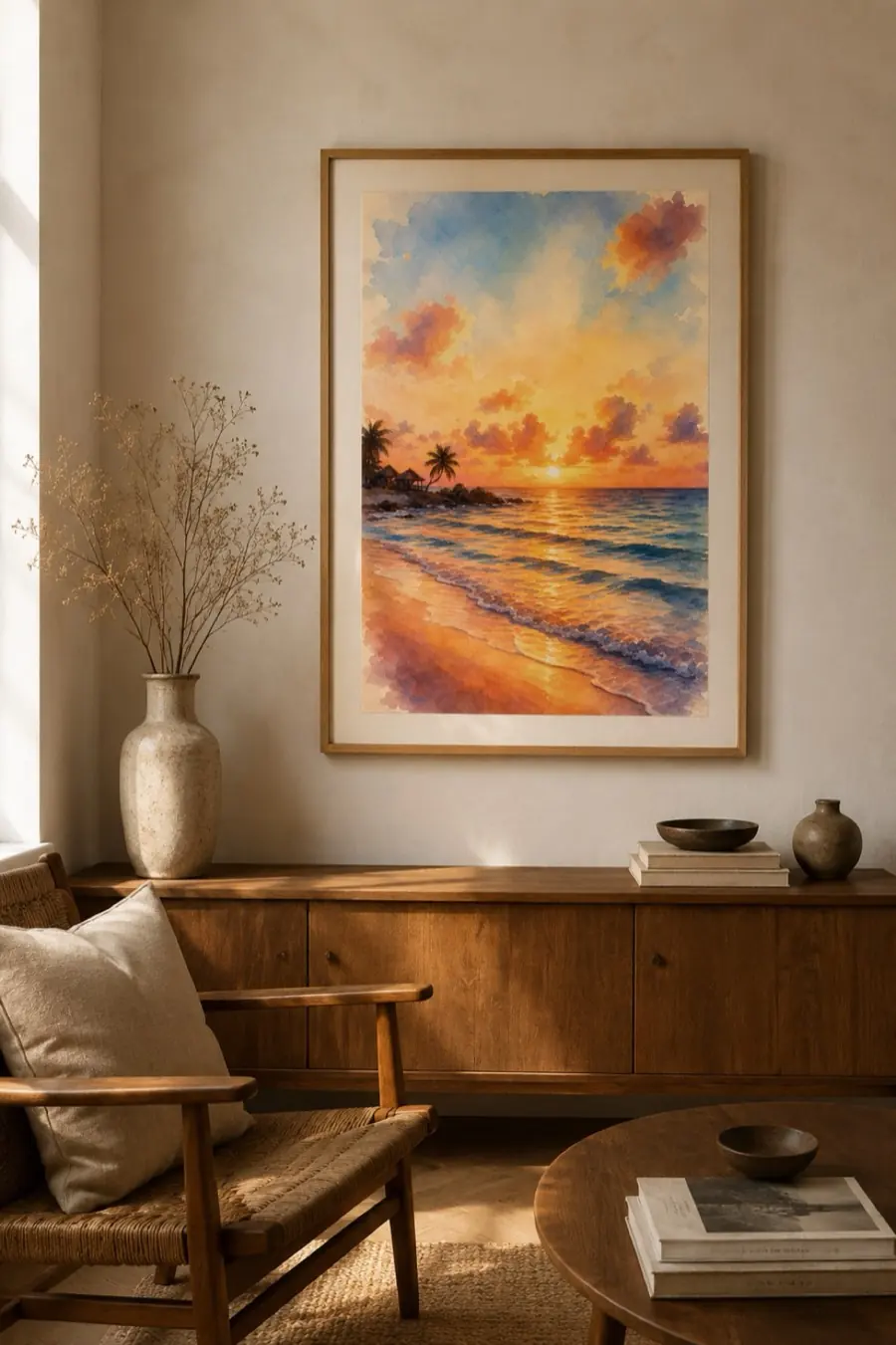 A watercolor of a tropical beach at sunset, framed above a sideboard
