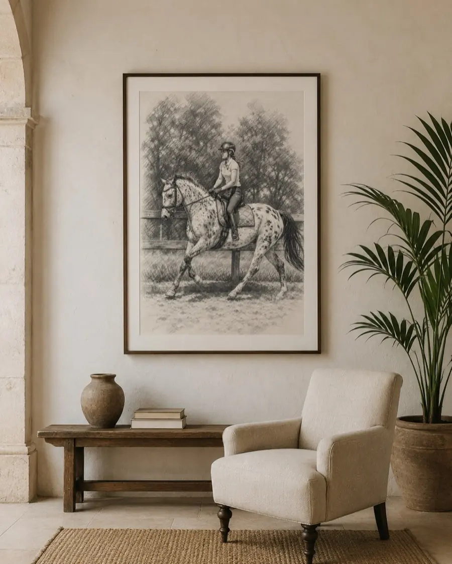 Pencil sketch of a rider on her horse