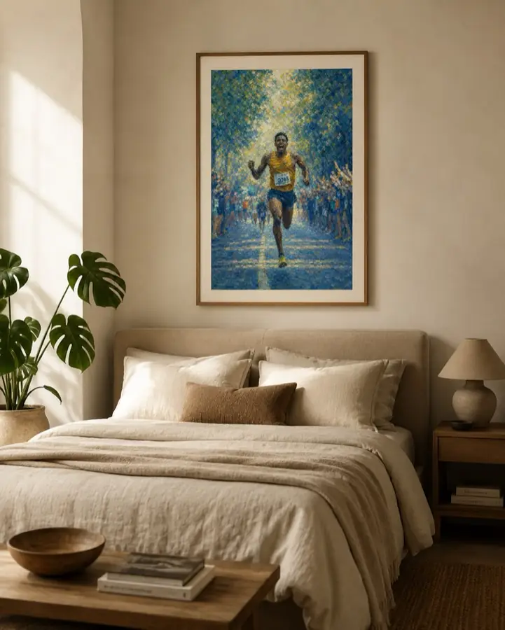 An impressionist painting of a runner crossing the finish, framed above a bed