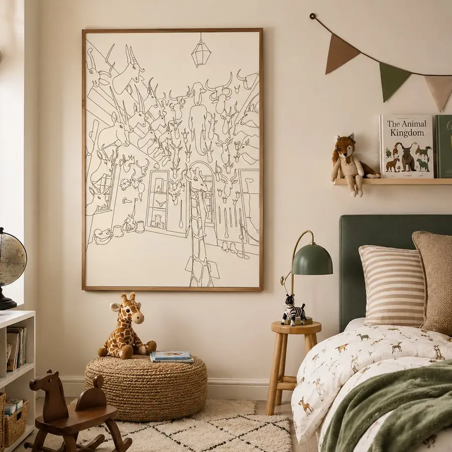 A line drawing of a hall full of animal heads, framed in a child&rsquo;s bedroom