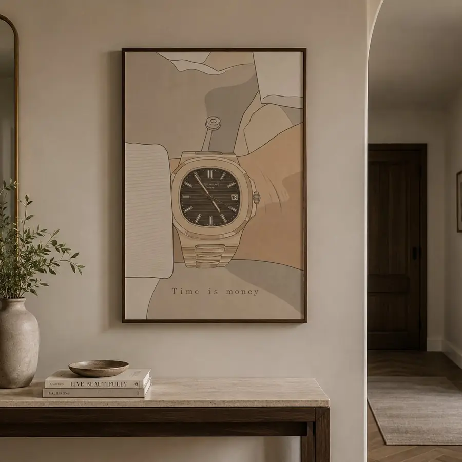 A line drawing of a watch on a wrist, framed above a hallway console