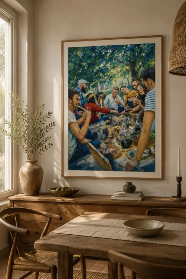 An impressionist painting of friends at a long picnic, framed above a sideboard