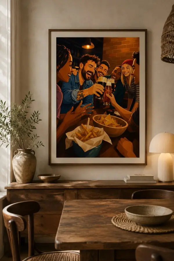 A cartoon of friends toasting in a pub, framed above a sideboard