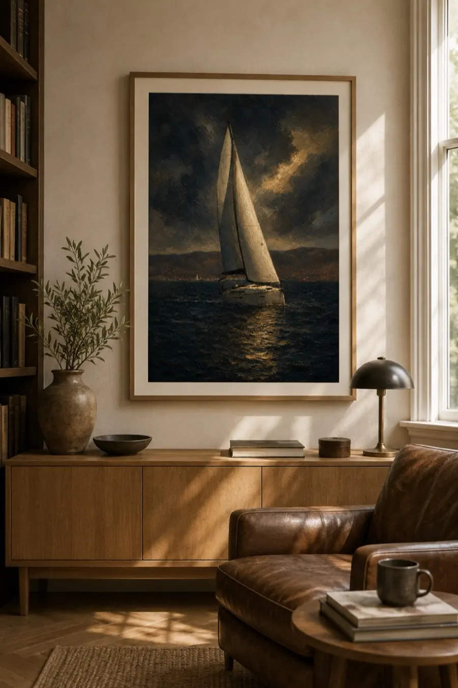 Oil painting of a sailboat in evening light