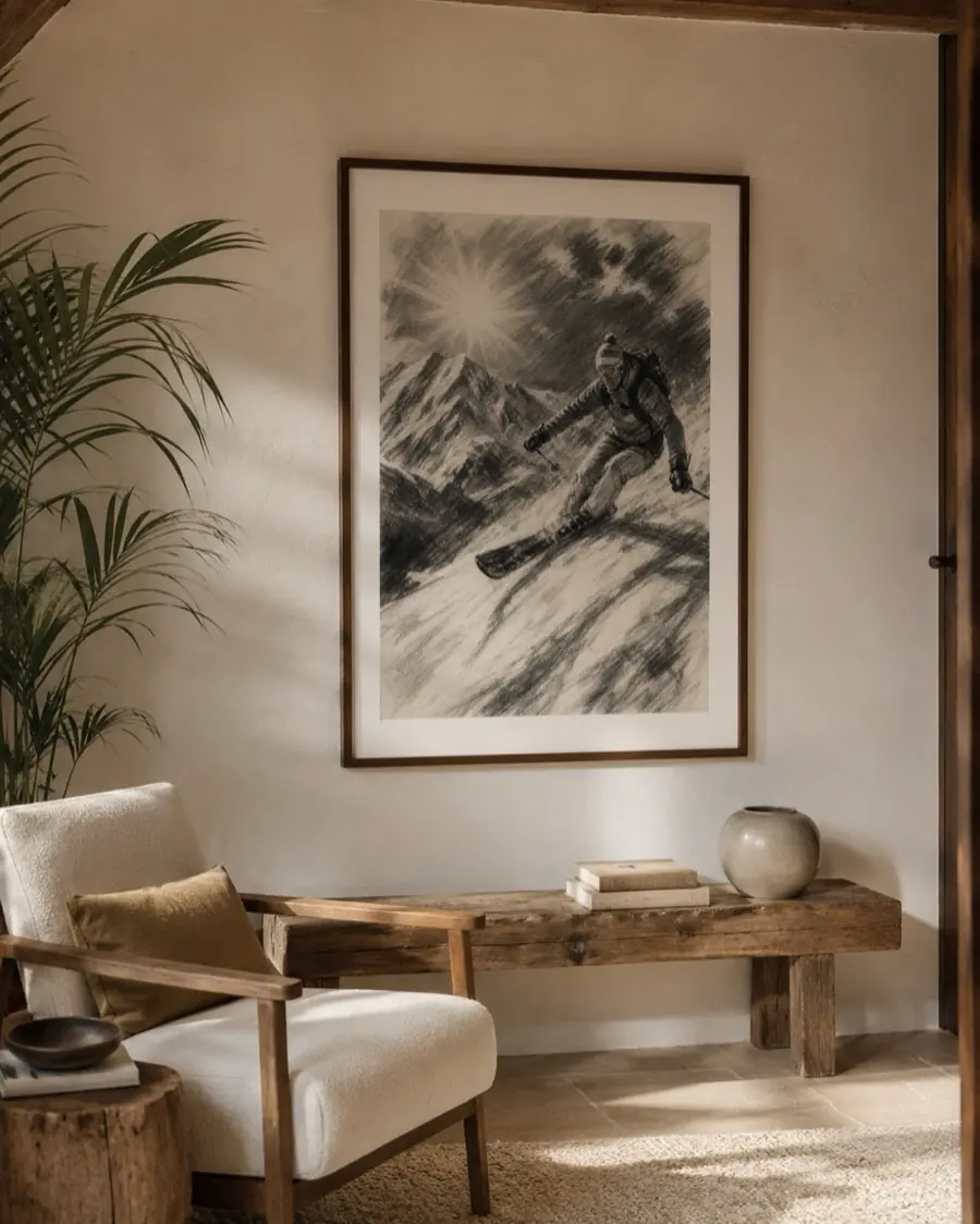 A charcoal drawing of a skier in deep snow, framed above a wooden bench