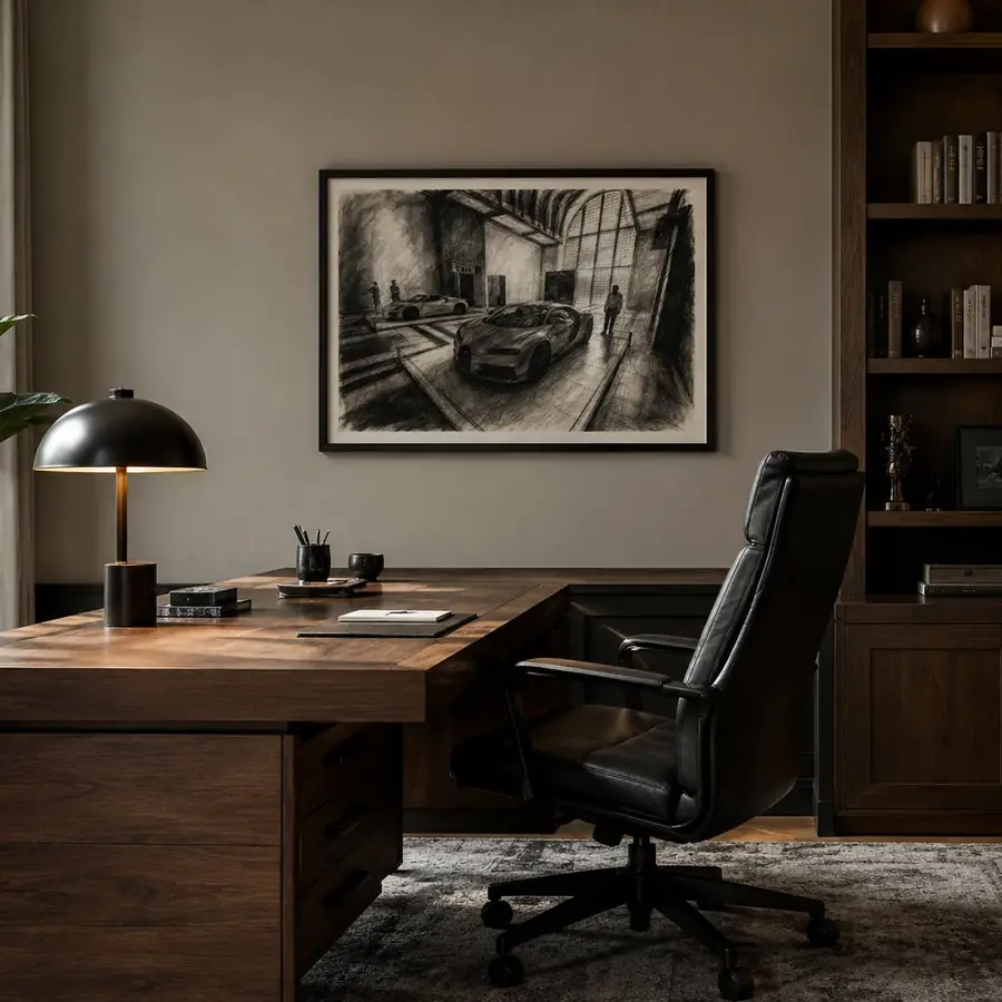 A charcoal drawing of sports cars in a showroom, framed above a wooden desk