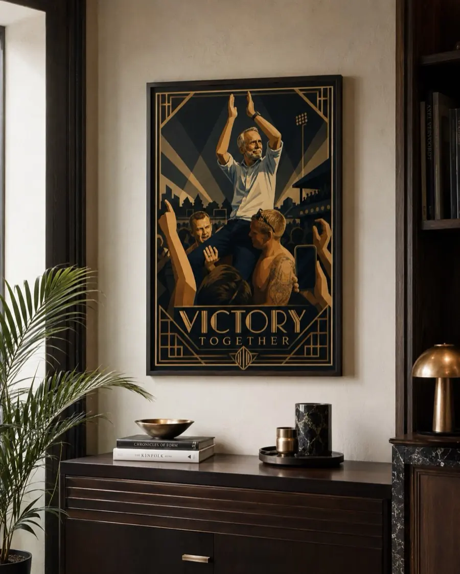 Art deco poster of a man carried on shoulders through a cheering crowd