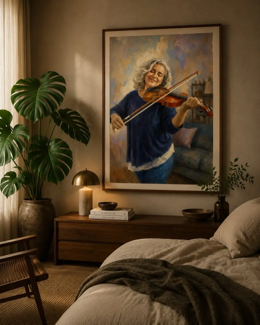 Oil painting of a woman playing the violin