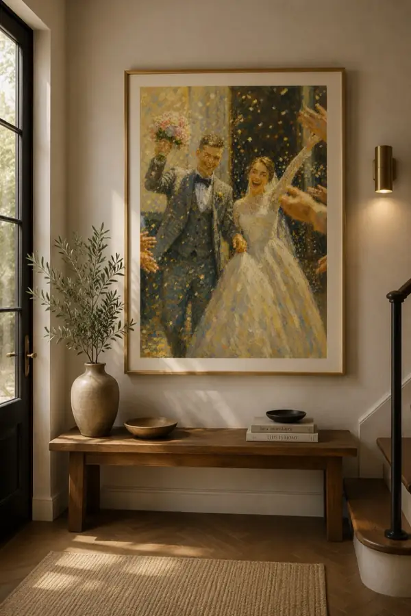 An impressionist painting of a couple leaving their wedding under confetti, framed in a sunlit hallway