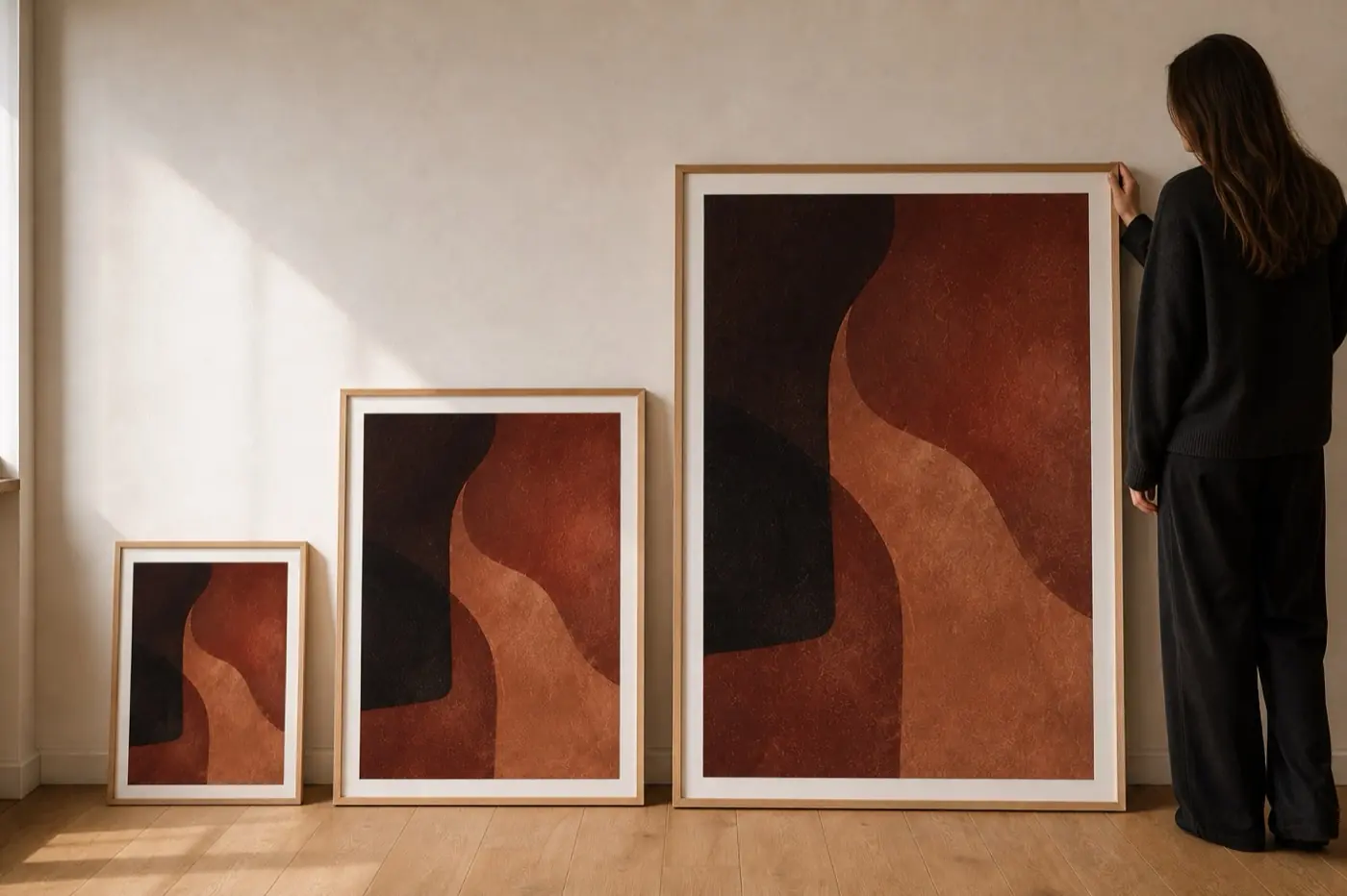 Three framed terracotta editions in small, medium and large, shown at scale against a wall