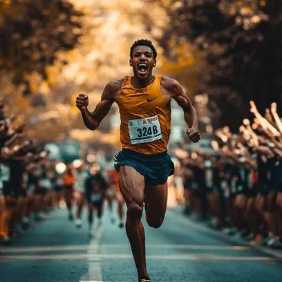 A runner crossing the finish line with arms raised