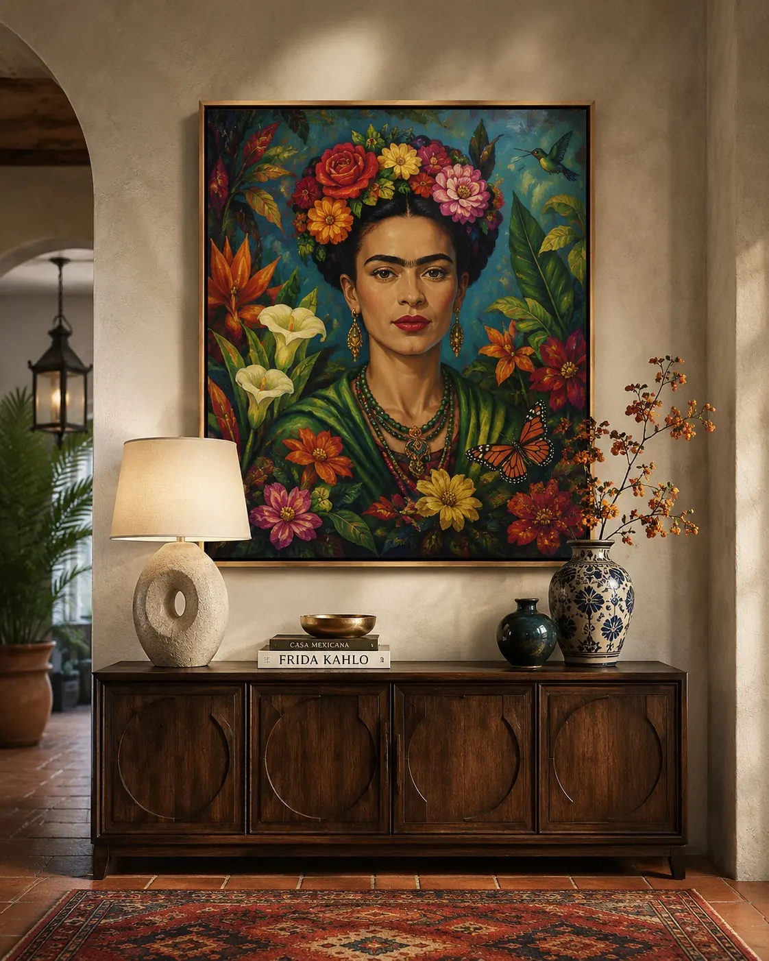 Folk portrait edition with calla lilies, above a carved wooden sideboard